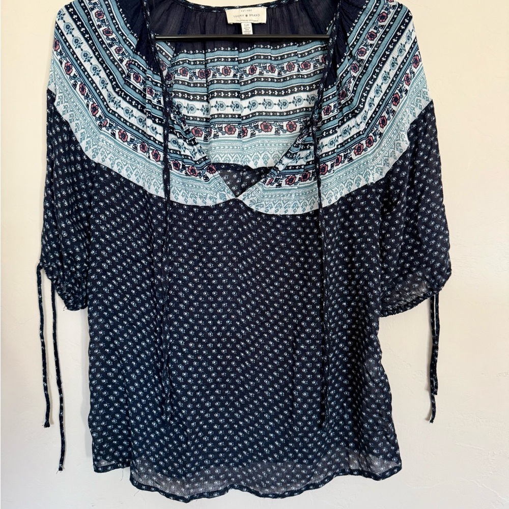 Lucy Brand Navy and Light Blue Patterned Blouse